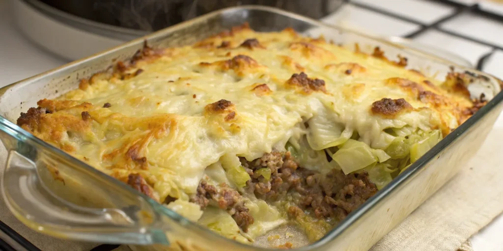 Beef and cabbage casserole with melted cheese, ground beef, and cabbage layers