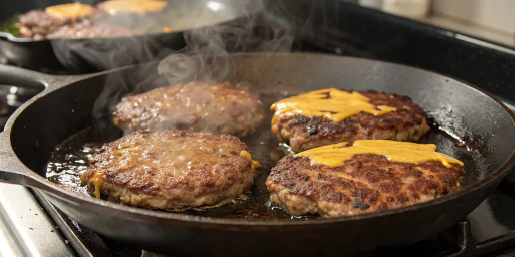 Cooking perfect burger patties on a cast iron skillet in the best burger recipe