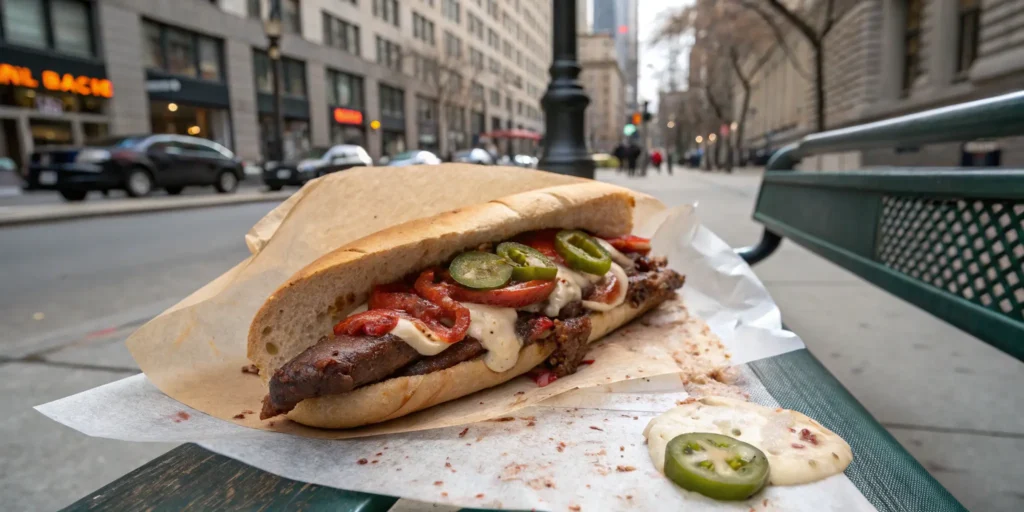 Spicy Cajun New York steak sandwich with jalapeños and mayo