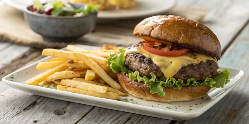 Plated grilled beef hamburger with melted cheese and crispy fries
