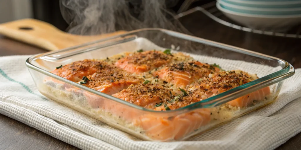 Freshly baked salmon sushi bake with golden furikake topping