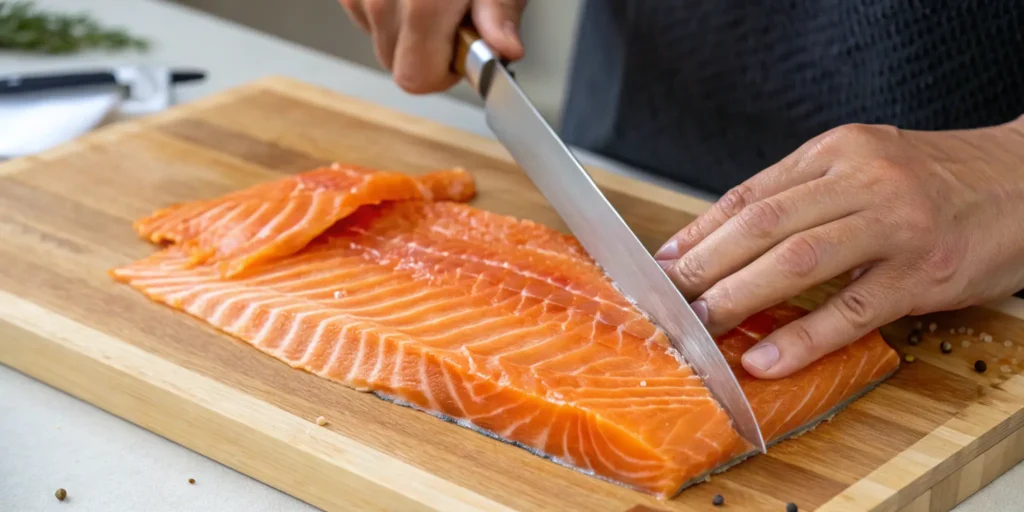 Slicing finished smoked salmon fillet for serving - Smoked Salmon Recipe