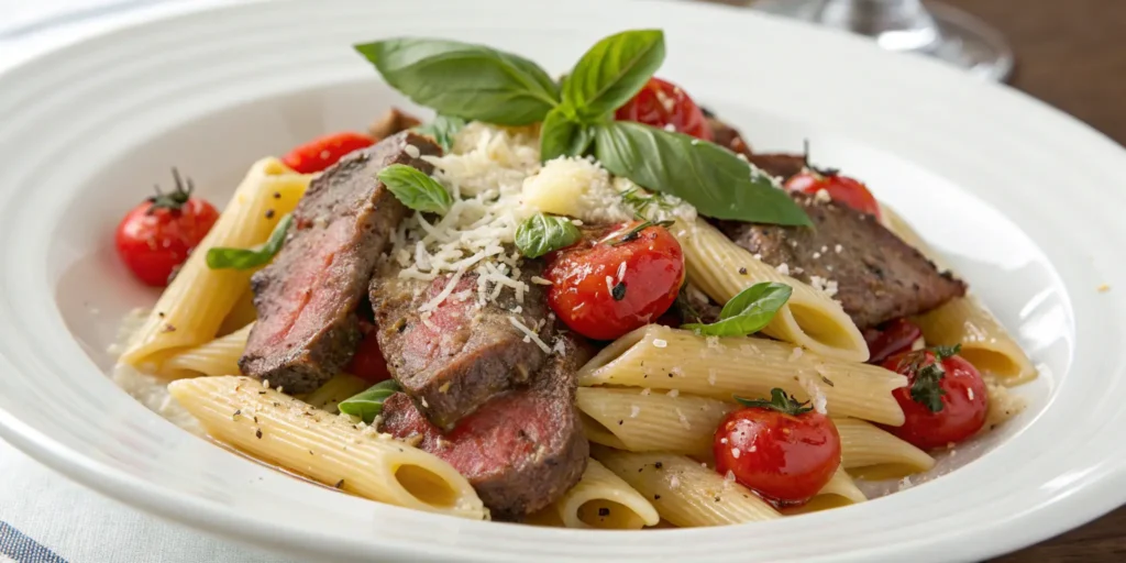 Spicy steak penne pasta with sliced beef, cherry tomatoes, and parmesan - Beef Steak and Pasta