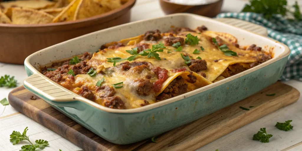 Cheesy ground beef taco bake in a casserole dish