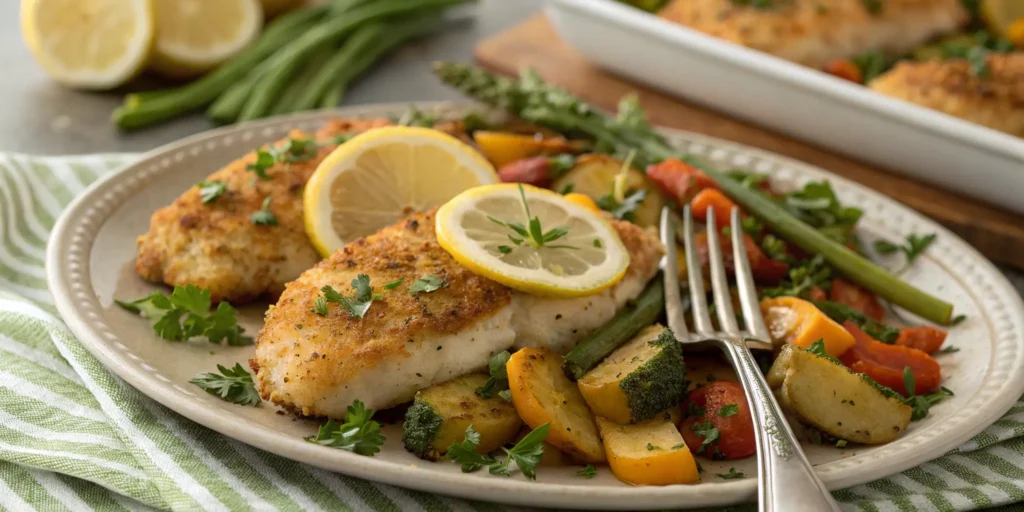 Plated chicken sheet pan dinner garnished with lemon and herbs