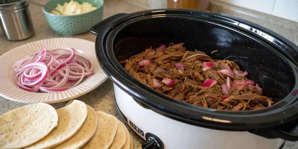 Slow-cooked shredded barbacoa beef with toppings and tortillas