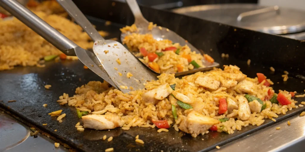 flipping crispy chicken fried rice on Blackstone