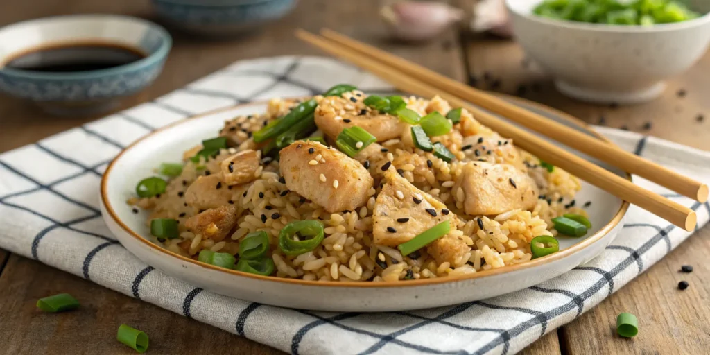 Served chicken fried rice recipe garnished with green onions and sesame seeds with chopsticks