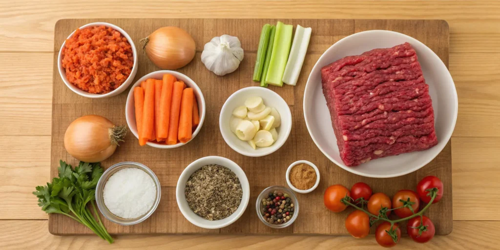Ground beef soup ingredients laid out on a kitchen surface