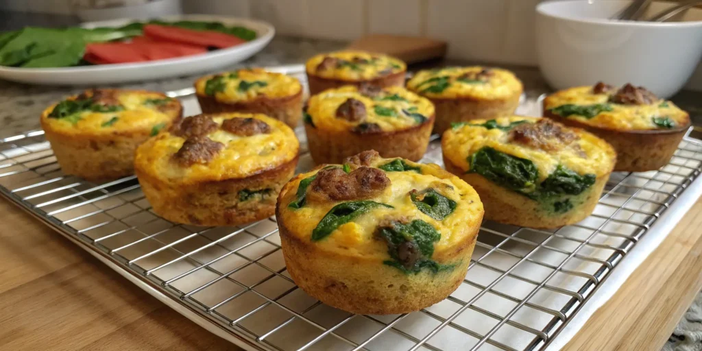 Beef sausage and egg muffins on wire rack