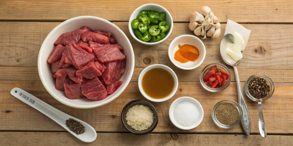 Ingredients laid out for slow cooker Italian beef recipe on wooden table