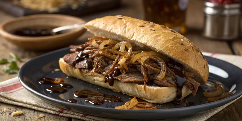 Italian beef sandwich with balsamic glazed beef and caramelized onions