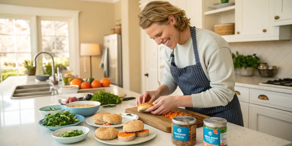 Preparing budget-friendly salmon fish burgers at home, showing cost-effective ingredients