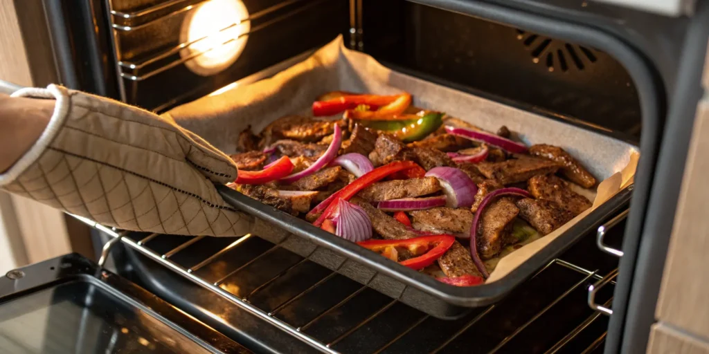 Simple sheet pan beef shawarma meat recipe with peppers and onions