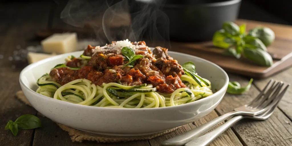 Healthy Ground Beef Zucchini Noodles in Tomato Sauce