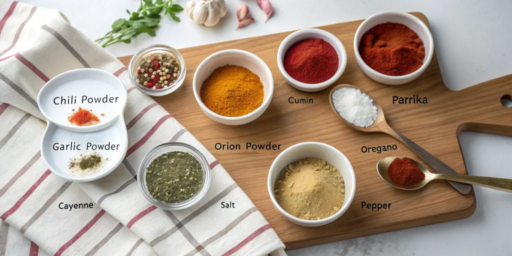 Homemade taco seasoning ingredients arranged in small bowls