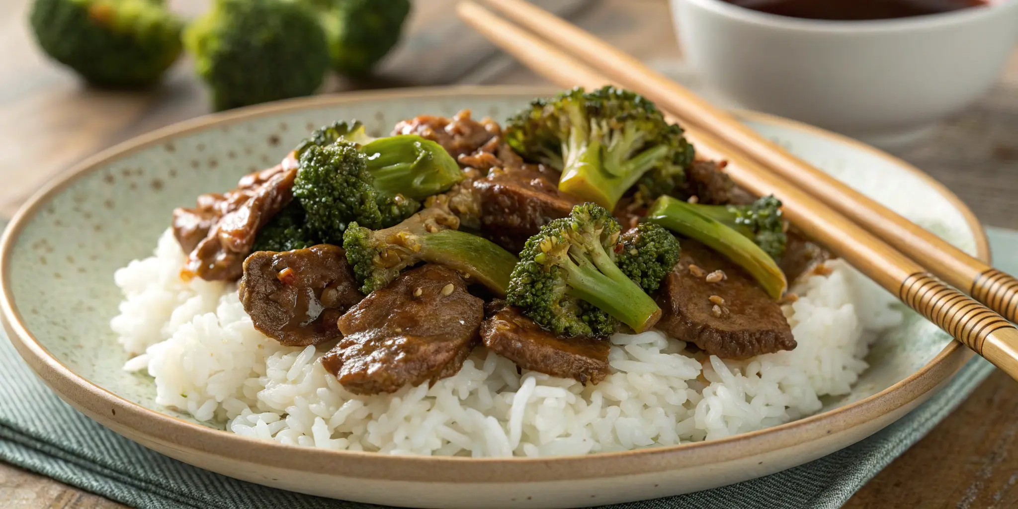 Beef and broccoli served over steamed jasmine rice