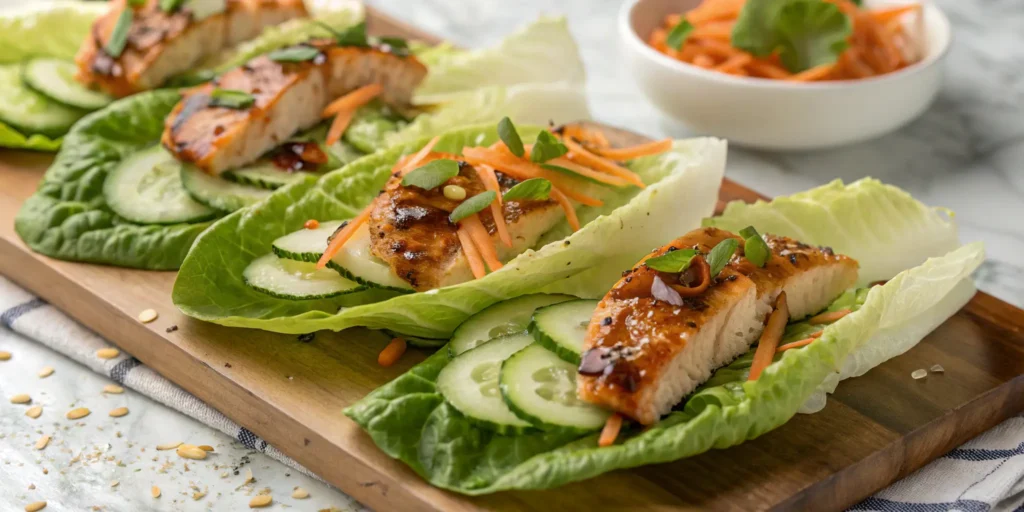 Baked teriyaki salmon lettuce wraps with vegetables and sauce