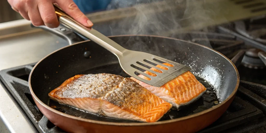 Pressing salmon skin with spatula while pan frying