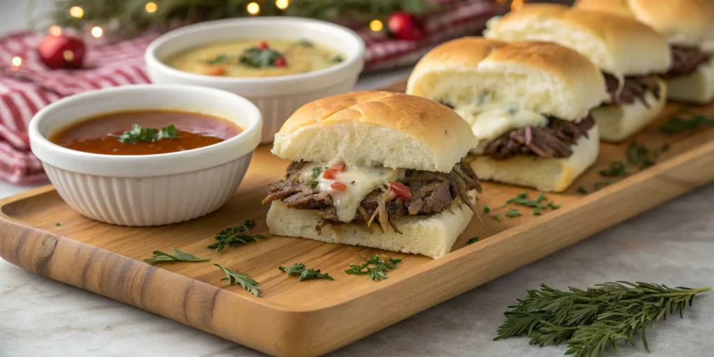 Italian beef sliders with provolone and au jus dipping sauce