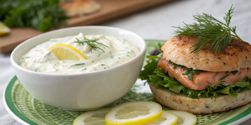 Lemon-herb Greek yogurt sauce as a light topping for salmon burgers - Salmon Burger Toppings