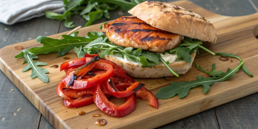 Roasted red pepper and peppery arugula topping for salmon burger - Salmon Burger Toppings