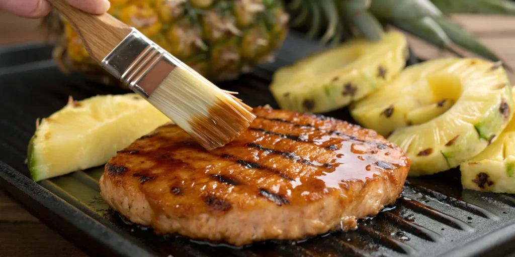 Pineapple teriyaki glaze brushed on salmon burger patty for sweet-savory flavor - Salmon Burger Toppings