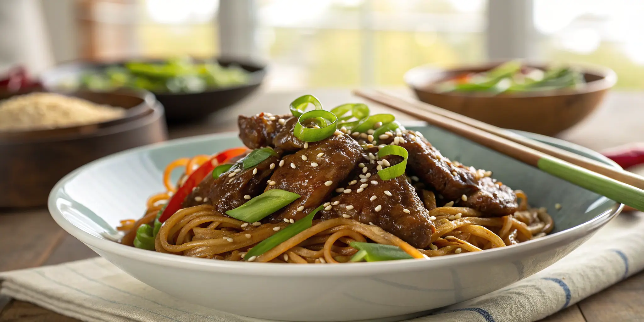 Mongolian beef and noodles served in a bowl with chopsticks
