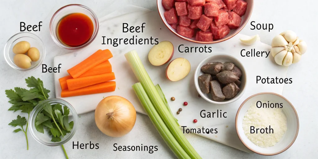 Flat lay of vegetable beef soup ingredients with labels