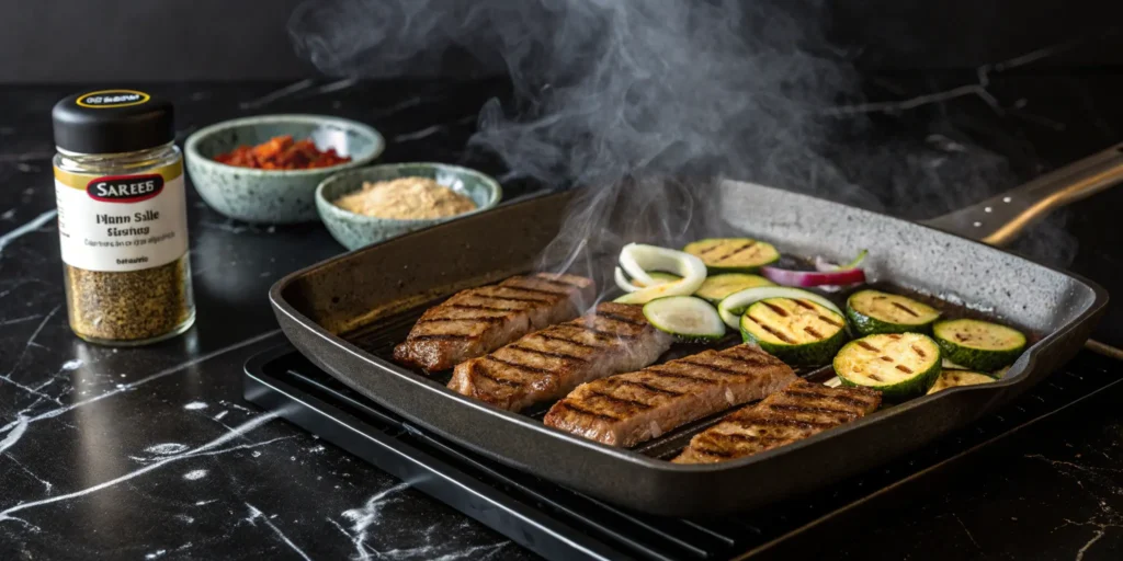 Charred beef shawarma meat recipe strips on grill pan with vegetables