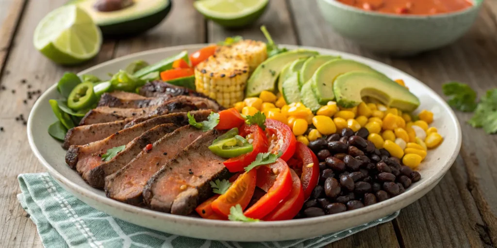 Southwest steak salad ideas with grilled flank steak, charred corn, and chipotle lime dressing