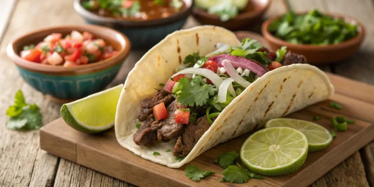 Juicy taco recipe beef in a traditional taco with fresh toppings