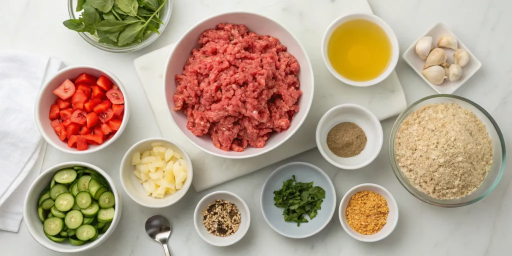 Healthy beef meals ingredients including lean ground beef, quinoa, and fresh vegetables