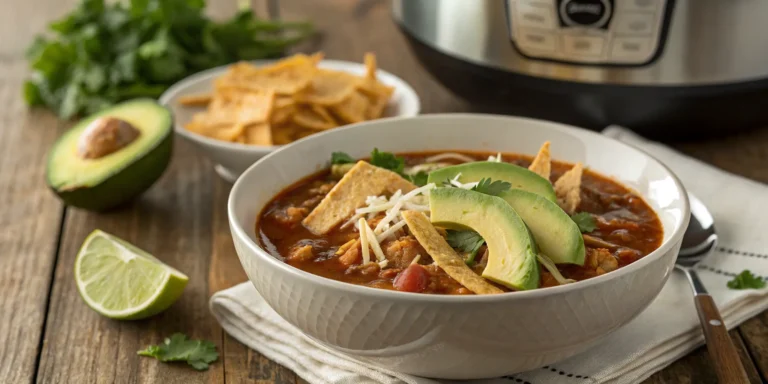 Slow cooker chicken tortilla soup in a bowl garnished with avocado, cheese, and crispy tortilla strips
