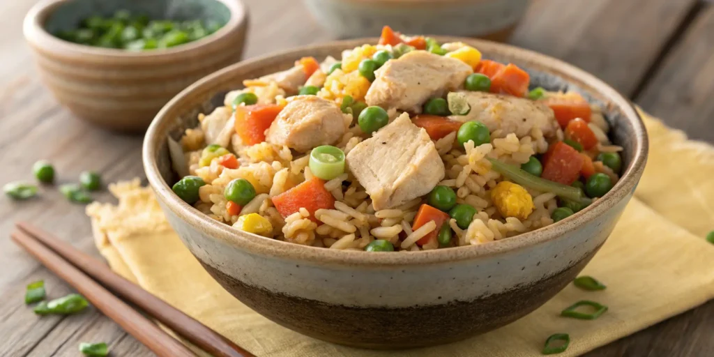 Classic Chinese fried rice with chicken, peas, carrots, and scrambled eggs in a rustic bowl