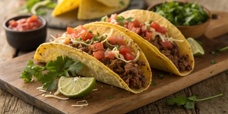 Fresh homemade tacos with seasoned ground beef and salsa