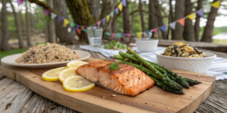 Grilled cedar plank salmon on a wooden plank with lemon and herbs