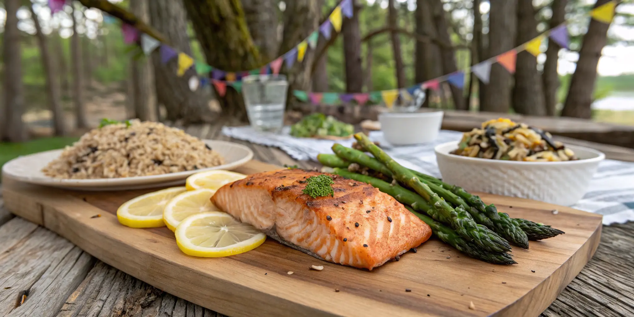 Grilled cedar plank salmon on a wooden plank with lemon and herbs