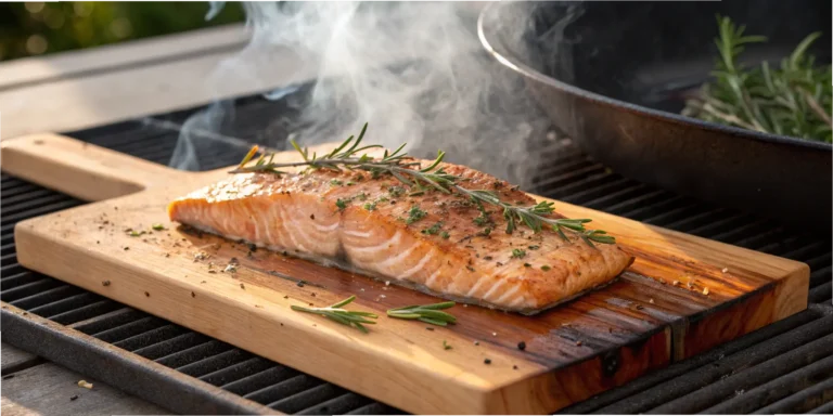 Grilled salmon on plank cedar with fresh herbs sizzling on outdoor grill