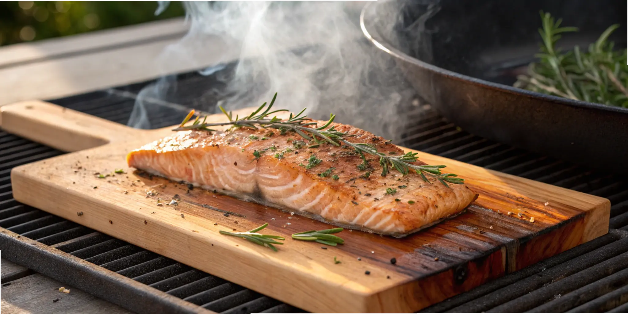 Grilled salmon on plank cedar with fresh herbs sizzling on outdoor grill