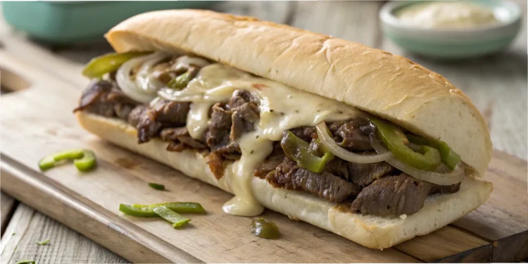 Classic Philly cheesesteak sandwich with melted provolone cheese and sautéed onions