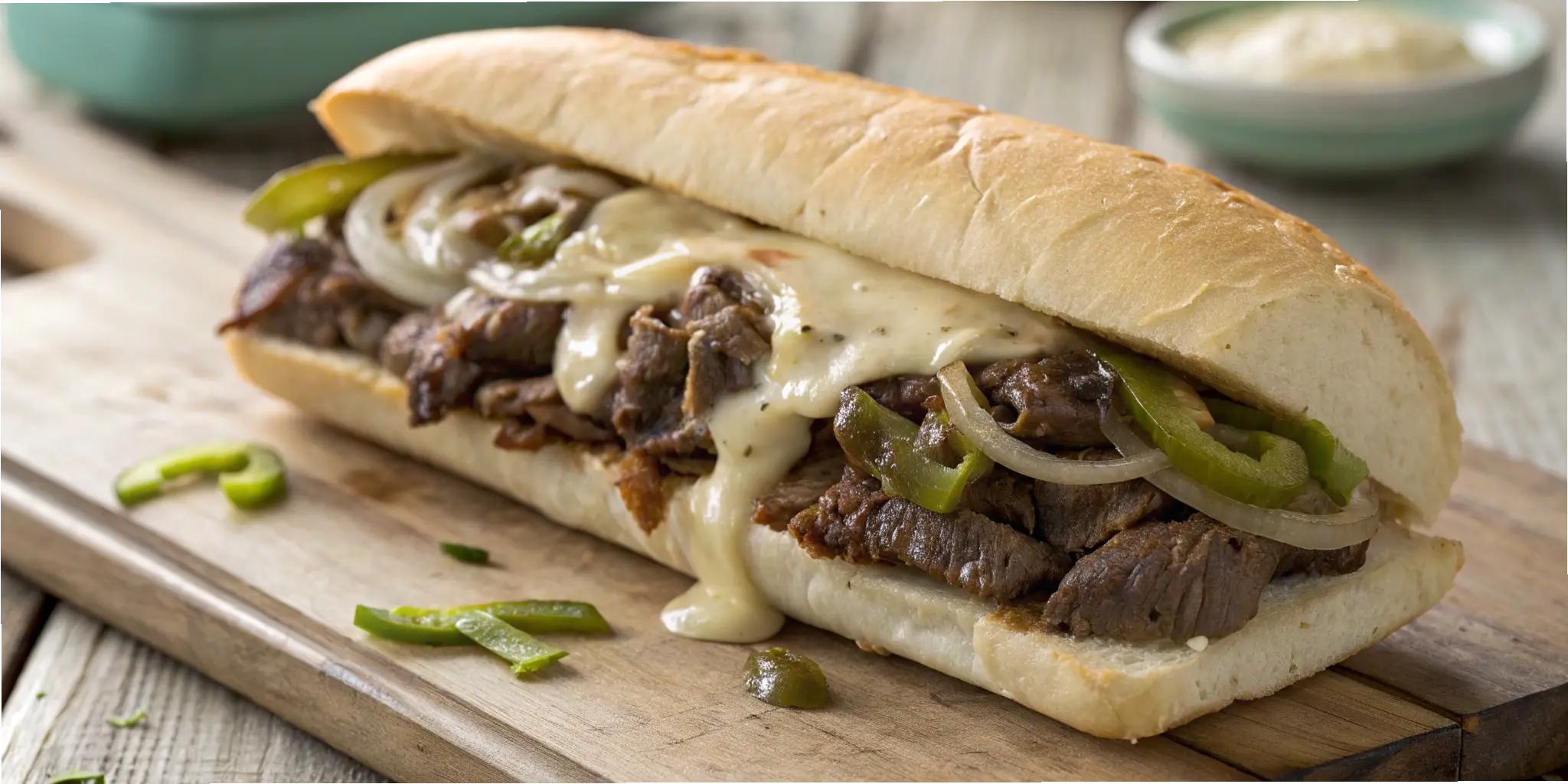 Classic Philly cheesesteak sandwich with melted provolone cheese and sautéed onions