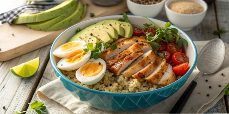 Healthy chicken and egg recipe breakfast bowl with quinoa and avocado