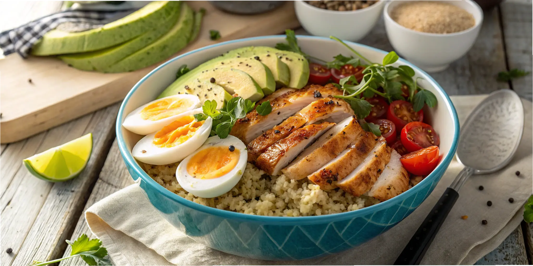 Healthy chicken and egg recipe breakfast bowl with quinoa and avocado