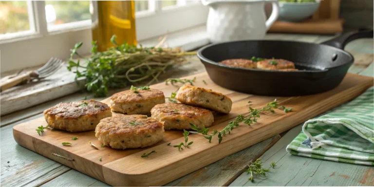 Homemade chicken breakfast sausage recipe with golden-brown patties on a wooden board