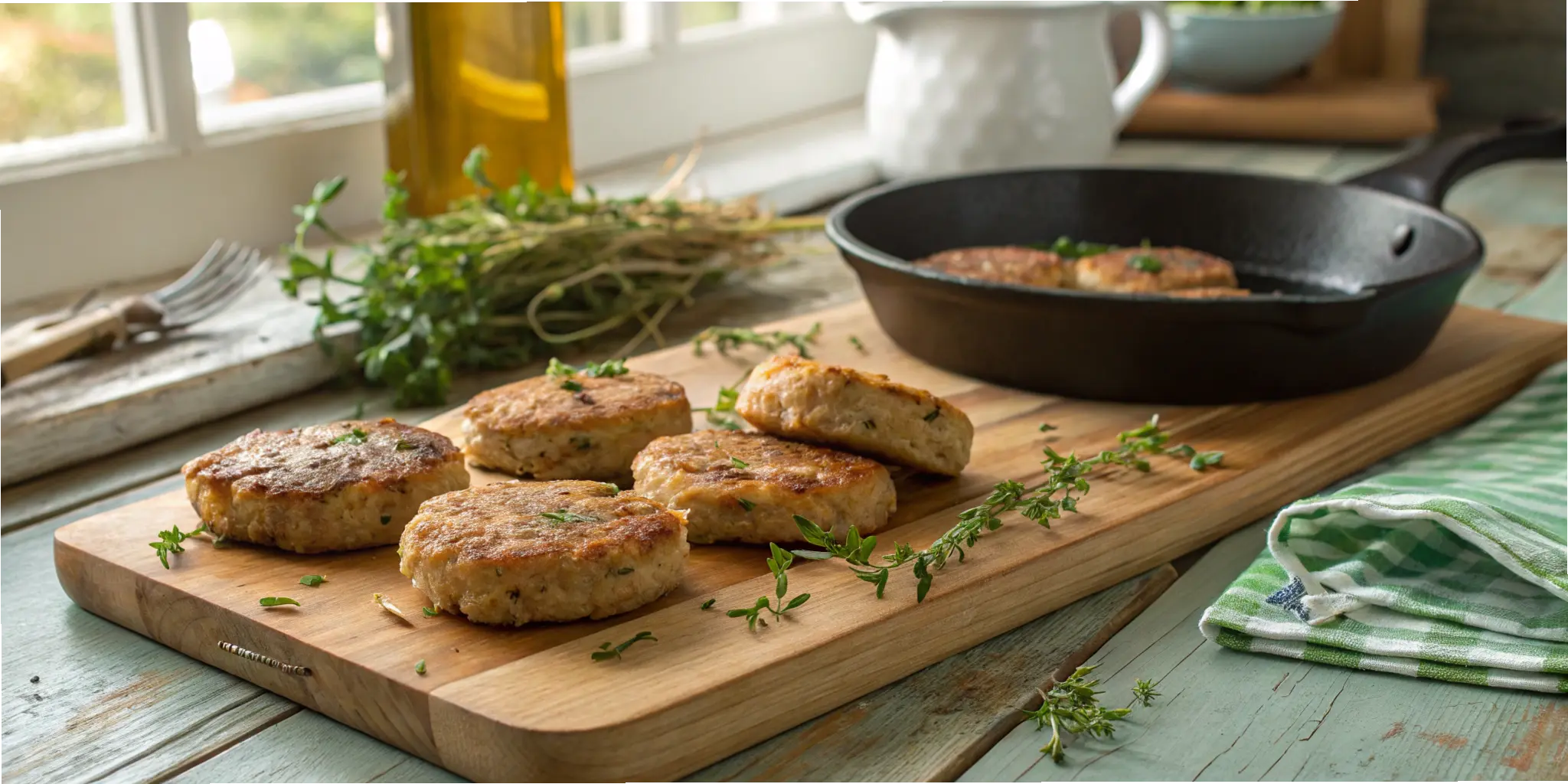 Homemade chicken breakfast sausage recipe with golden-brown patties on a wooden board