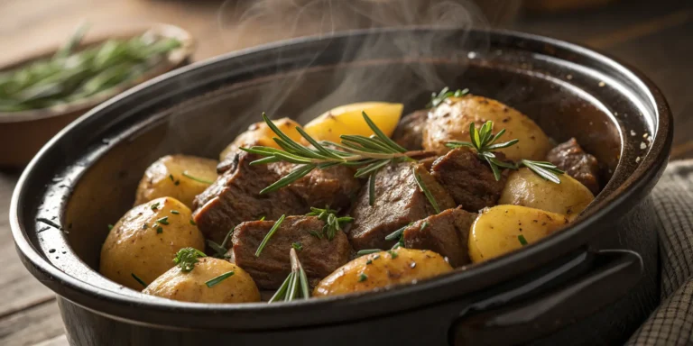 Crockpot steak and potatoes slow cooker meal with fresh herbs