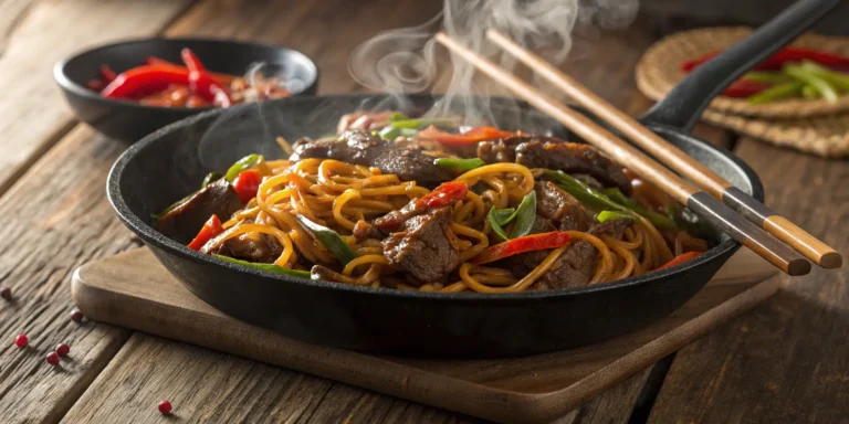 Mongolian noodles with beef and vegetables in a hot skillet