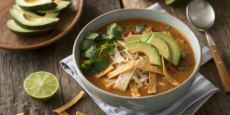 Creamy chicken tortilla soup topped with tortilla strips and avocado