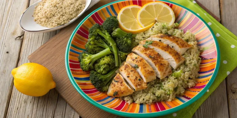 Healthy chicken dinner recipes - lemon garlic chicken with steamed broccoli and quinoa
